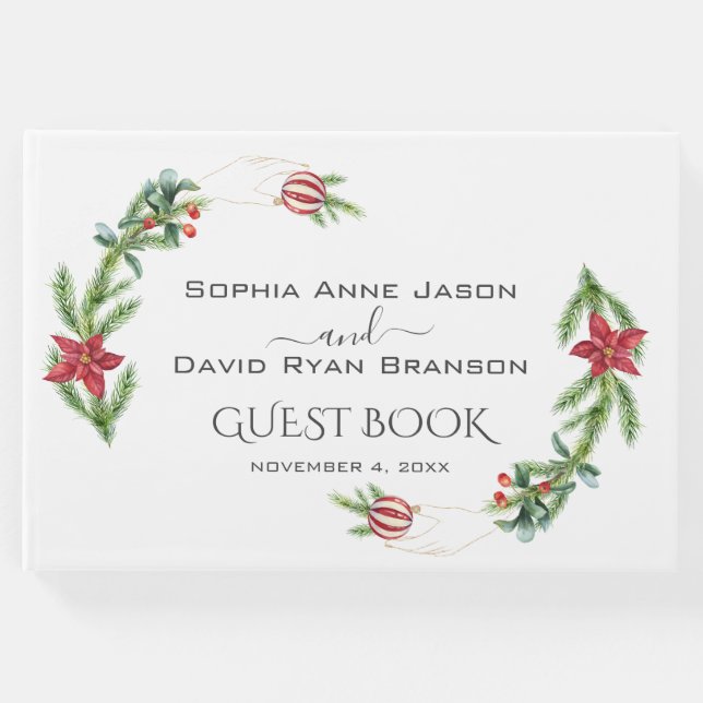 Winter Poinsettia Pine Berry Weihnachtsfeier Gästebuch (Vorderseite)