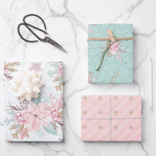 Winter Poinsettia Pink Green Pastor Weihnachten Geschenkpapier Set (Vorderseite)