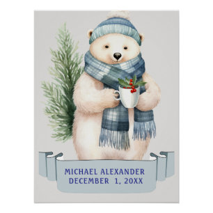 WINTER POLAR BAR IN BLAU SCARF KIDNAME Geburtstag Poster