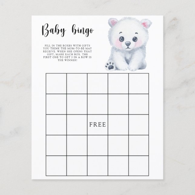 Winter Polar Bear - Baby Dusche Bingo Spiel (Vorderseite)