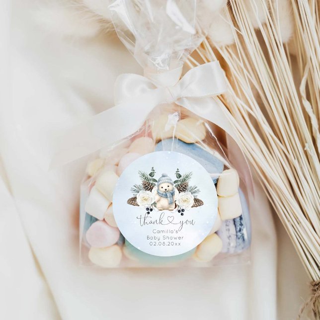 Winter Polar Bear Boy Baby Dusche Runder Aufkleber (Von Creator hochgeladen)