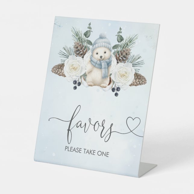 Winter Polar Bear Boy Baby Shower Favoriten Sockelschild (Vorderseite)