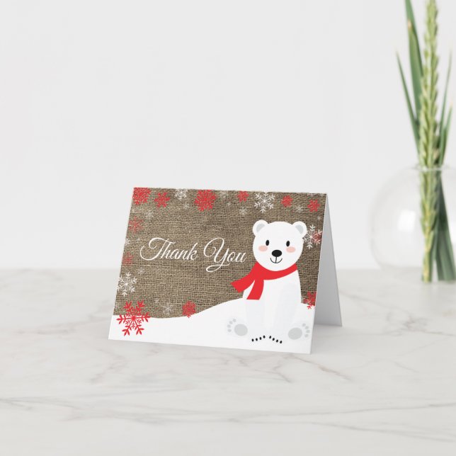 Winter Polar Bear Red Snowflake Burlap Dankeskarte (Vorderseite)