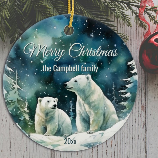 Winter Polar Bears Frohe Weihnachtsfamilie Name Keramik Ornament (Von Creator hochgeladen)