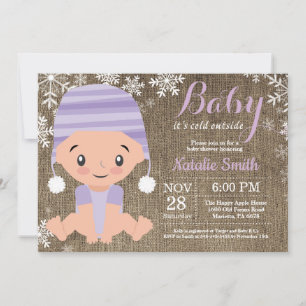 Winter Purpur Mädchen Baby Shower Einladung Jute