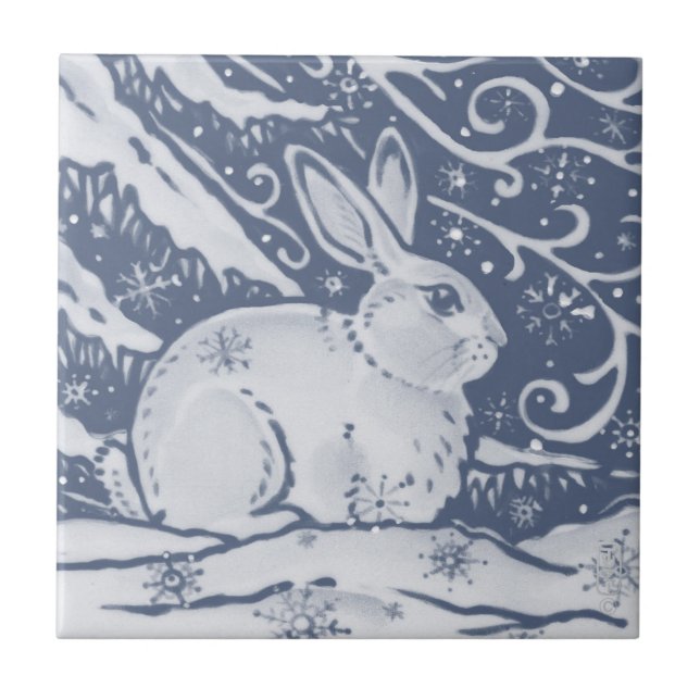 Winter Rabbit Hare Snow Denim Blue Dedham Delft Fliese (Vorderseite)