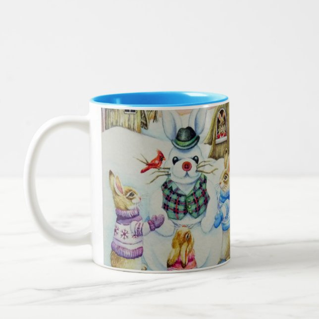 Winter Rabbits Gebäude Snowbunny Watercolor Art Zweifarbige Tasse (Links)