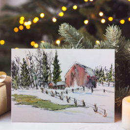 Winter Red Barn Watercolor Landschaft Feiertagskarte