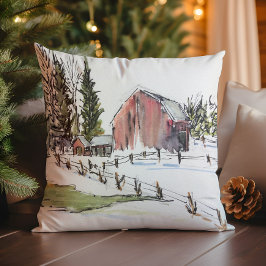 Winter Red Barn Watercolor Landschaft Kissen