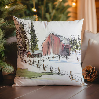 Winter Red Barn Watercolor Landschaft Kissen