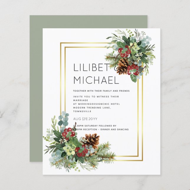 Winter Red Berries Pine Cones Wedding (Vorne/Hinten)