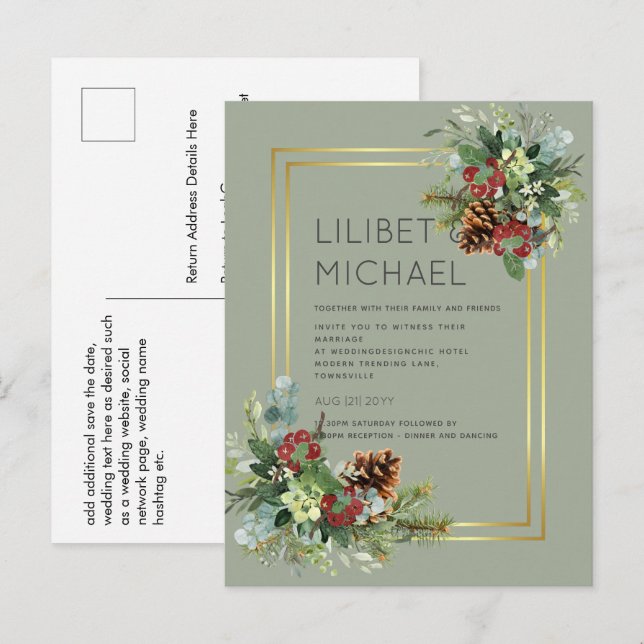 Winter Red Berries Pine Cones Wedding Postkarte (Vorne/Hinten)
