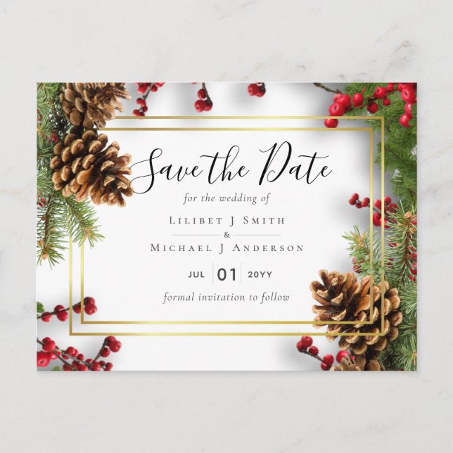 Winter Red Berries Pine Cones Wedding Postkarte (Vorderseite)