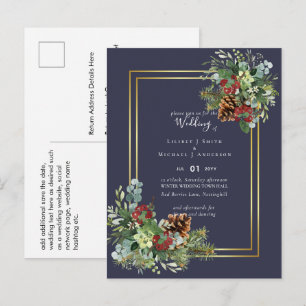 Winter Red Berries Pine Cones Wedding Postkarte