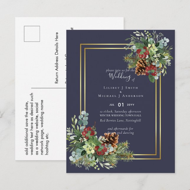 Winter Red Berries Pine Cones Wedding Postkarte (Vorne/Hinten)