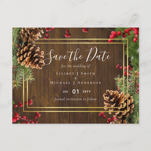 Winter Red Berries Pine Cones Wedding Postkarte (Vorderseite)