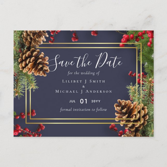 Winter Red Berries Pine Cones Wedding Postkarte (Vorderseite)