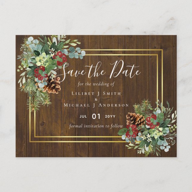 Winter Red Berries Pine Cones Wedding Postkarte (Vorderseite)