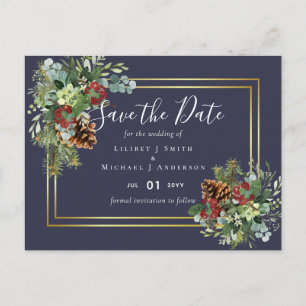 Winter Red Berries Pine Cones Wedding Postkarte