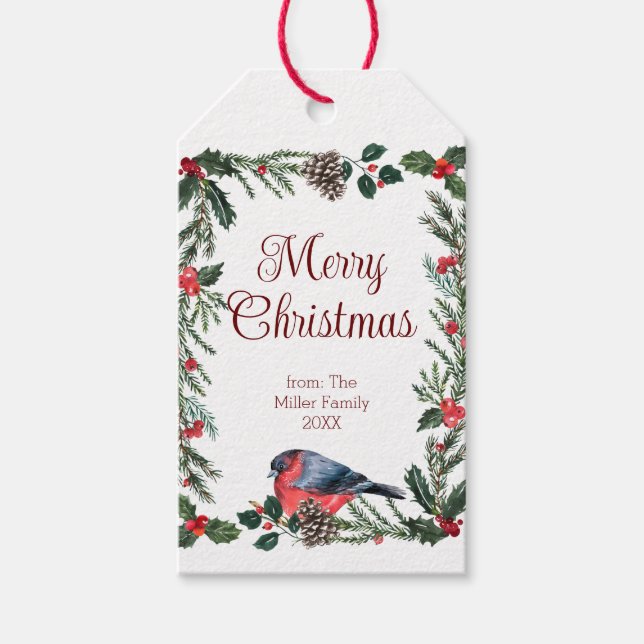 Winter Red Bird Botanisches Weihnachtsfest Geschenkanhänger (Vorderseite)