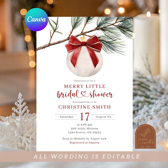 Winter Red Bow Ornament Merry Little Brautparty Einladung (Von Creator hochgeladen)