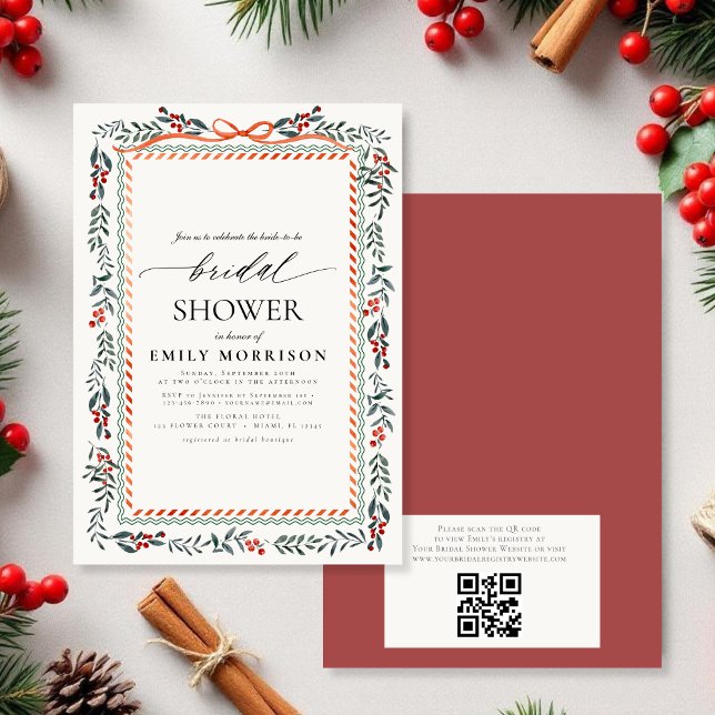 Winter Red Bow QR Code Watercolor Bridal Shower Einladung (Von Creator hochgeladen)
