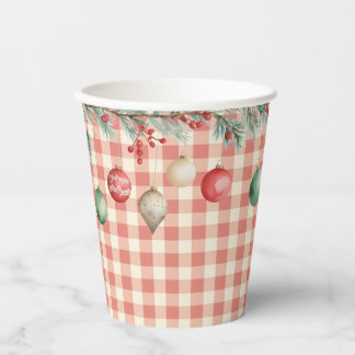 Winter Red Christmas gingham with ornaments Pappbecher