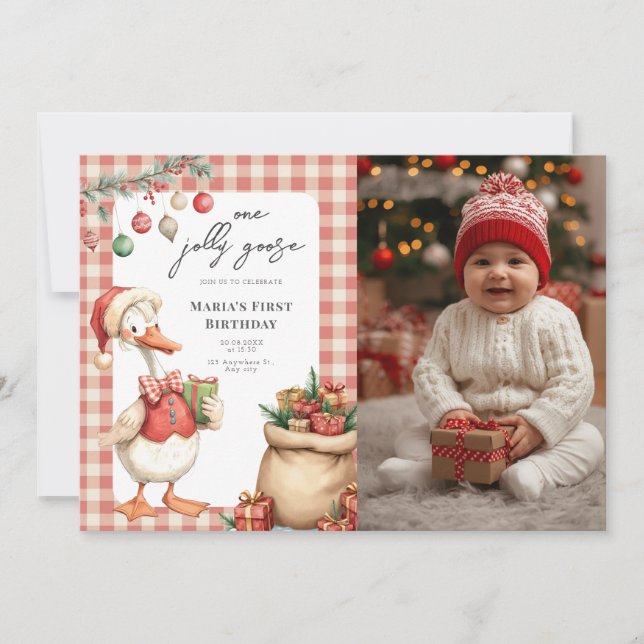 Winter Red Christmas Silly Goose  1st birthday Einladung (Vorderseite)