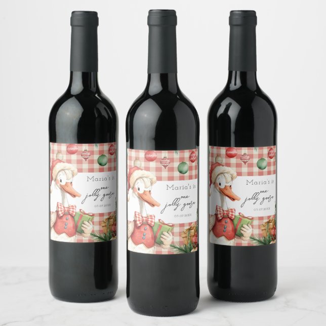 Winter Red Christmas Silly Goose  1st birthday Weinetikett (Flaschen)