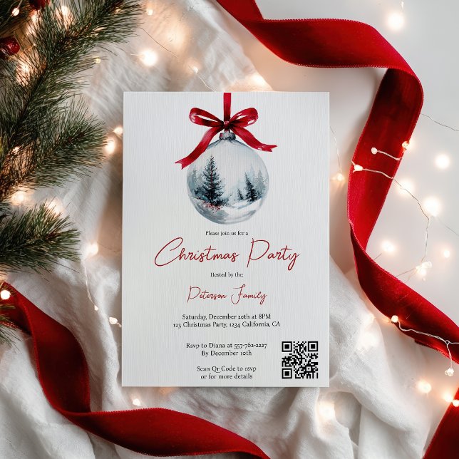 Winter Red Coquette Bow Ribbon QR Weihnachts-Party Einladung (Winter Red Coquette Bow Ribbon QR Christmas Party Invitation)