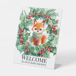 Winter Red Fox Green Berries Babydusche Willkommen Sockelschild