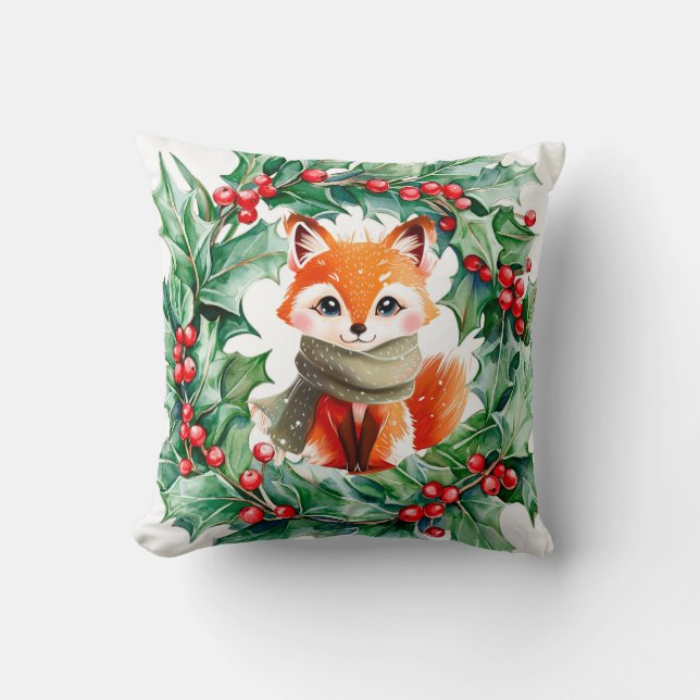 Winter Red Fox Green Berries Babyduschgeschenk Kissen (Vorderseite)
