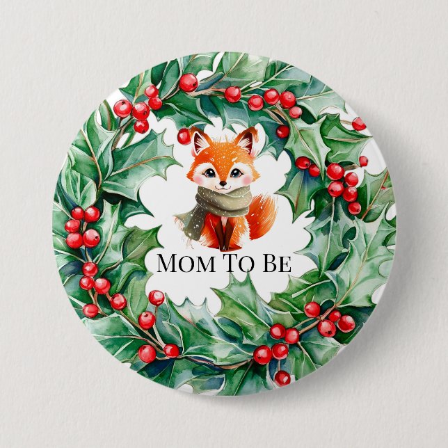 Winter Red Fox Green und Berries Baby Dusche Button (Vorderseite)