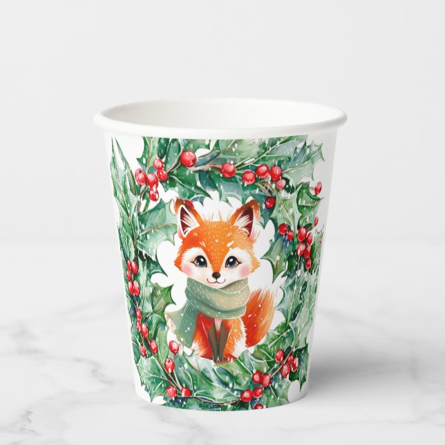 Winter Red Fox Green und Berries Baby Dusche Pappbecher (Vorderseite)