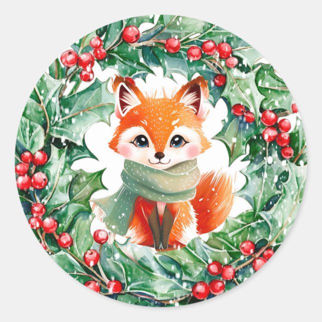 Winter Red Fox Green und Berries Baby Dusche Runder Aufkleber (Vorderseite)