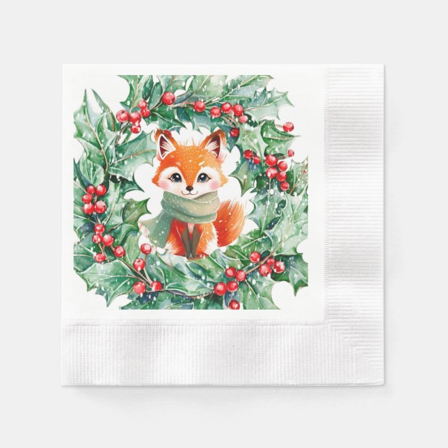 Winter Red Fox Green und Berries Baby Dusche Serviette (Vorderseite)