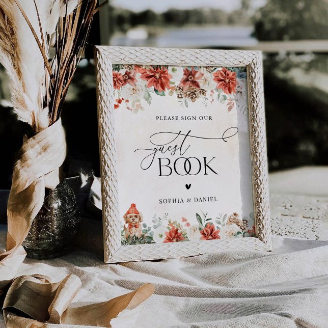 Winter Red Greenery Pinecone Guest Book Sign Sockelschild (Von Creator hochgeladen)