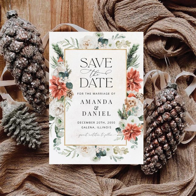 Winter Red Greenery Pinecone Save the Date Karte (Von Creator hochgeladen)