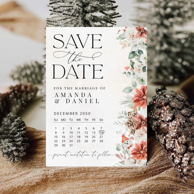 Winter Red Greenery Pinecone Save the Date Karte (Von Creator hochgeladen)