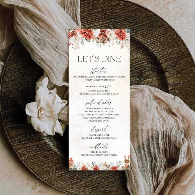Winter Red Greenery Pinecone Wedding Menu Menükarte (Von Creator hochgeladen)