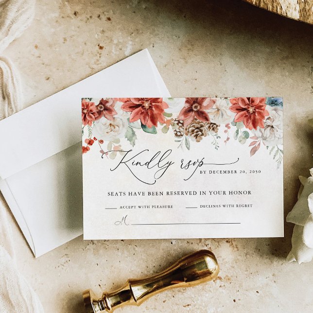 Winter Red Greenery Pinecone Wedding RSVP Card Karte (Von Creator hochgeladen)