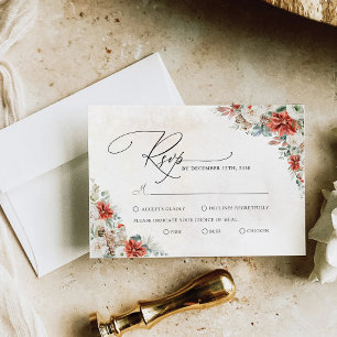 Winter Red Greenery Pinecone Wedding RSVP Card Karte