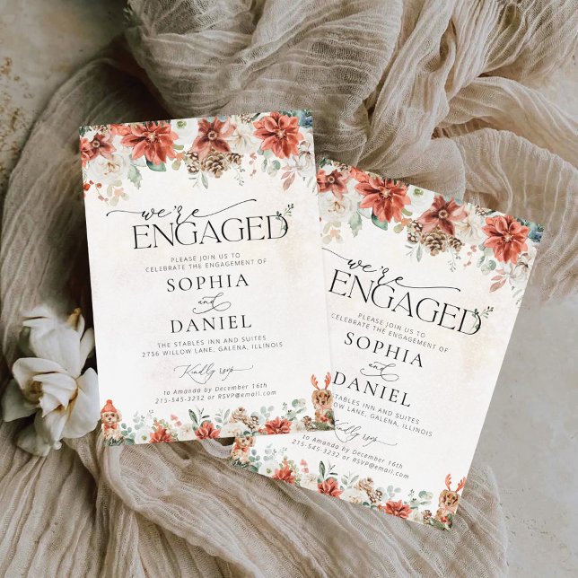 Winter Red Greenery Pinecone Wir sind verlobt Einladung (Von Creator hochgeladen)