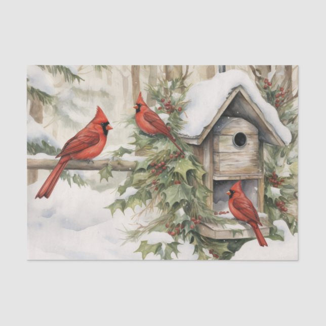 Winter Red Kardinals Birdhouse Ivy and Berries Seidenpapier (Vorderseite)