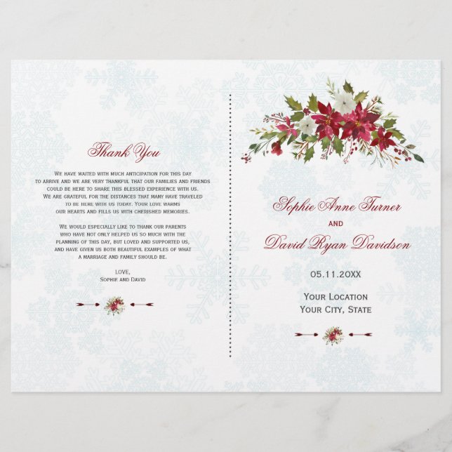 Winter Red Poinsettia Snowflakes Hochzeitsprogramm (Vorderseite)
