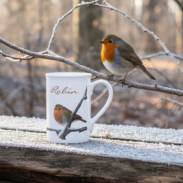 Winter Red Robin Birds Individuelle Name Prozellantasse (The red robins have bobbed on this bone china mug & would like to come home with you. Add your name!)