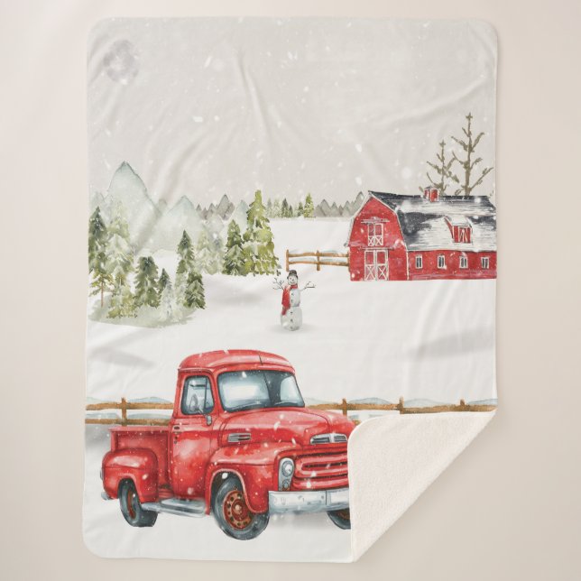 Winter Red Truck & Barn Sherpa Blanket Sherpadecke (Vorderseite)