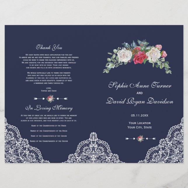 Winter Red White Blume Lace Navy Hochzeitsprogramm (Vorne)