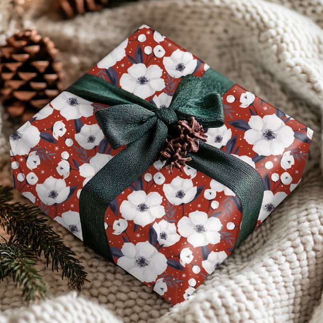Winter Red White Christmas Floral Pattern Geschenkpapier (Von Creator hochgeladen)