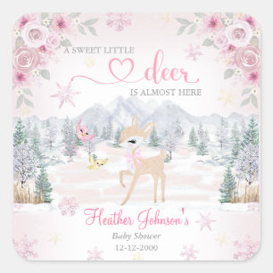 Winter Reh Rosa Schneeglöckchen Babyparty  Quadratischer Aufkleber